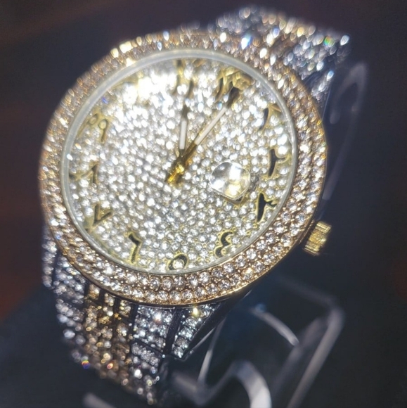 Mens Two Tone Full Ice Waterproof Arabic Numeral Bling Simulated Diamond Watch - Picture 6 of 12